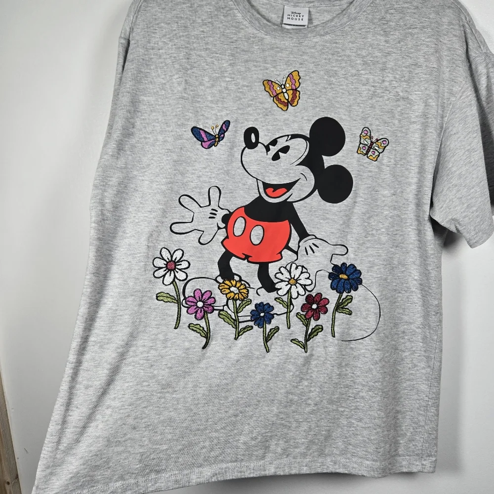 Disney Mickey Mouse Character Embrodered Floral Gray Heathered T-Shirt Large - Picture 7 of 12